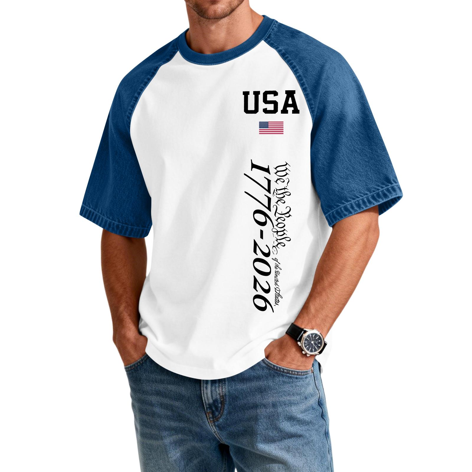 

Men s Denim Patchwork Shirt, Casual Short-sleeved Comfortable T-shirt, Fashionable For Spring And Summer. XL білий