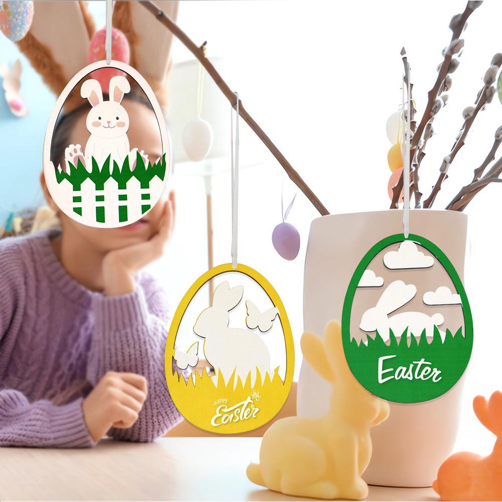 Decorative Rabbit White And Colorful Egg Wooden Ornaments For Festive Easter Decor