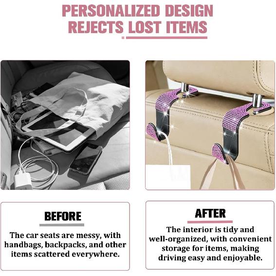 4PCS Bling Car Seat Headrest Hook, Crystal Rhinestone Backseat Hanger Organizer for Purse Handbag Umbrella, Shiny Auto Interior Seat Back Storage