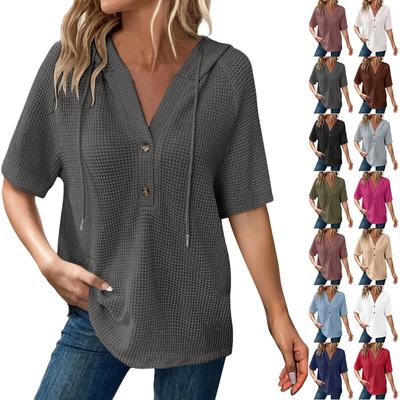 Women's Fashion Short Sleeve Hooded Button V-Neck Casual Hooded Sweatshirt Top