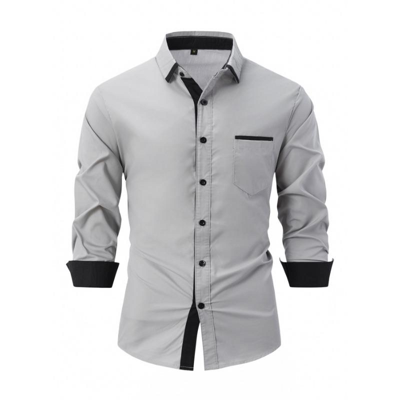 Mens Color Block Business Casual Long Sleeve Loose Fit Shirt