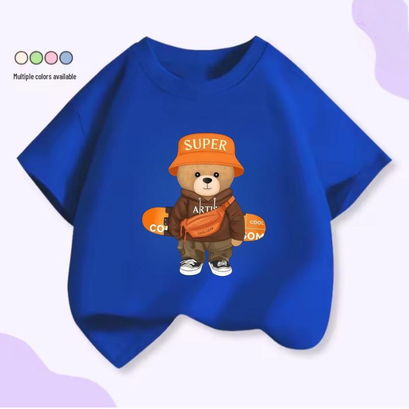 2026 Trendy Cartoon Bear Print Kids Skateboard T-Shirt - Short Sleeve Cotton Top for Boys & Girls