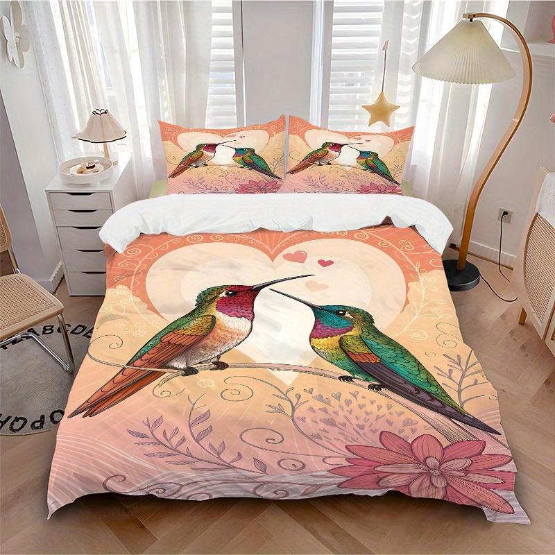 

3pcs Hummingbirds Love Soft Comfortable Bedding set, For Bedroom, Guest Room And Dorm, All - Season Use, High-Definition Printing150 135x200cm