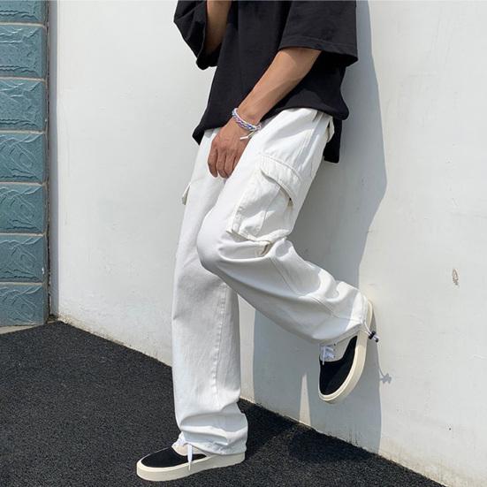 Calças de carga masculina estilo hip hop multi bolsos perna larga solta cor sólida meados cintura perna reta macio respirável streetwear calças compridas