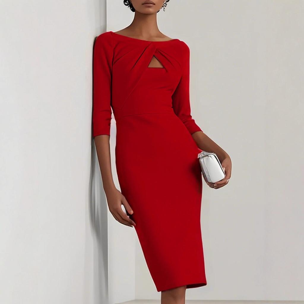 Women's Boat Neck 3/4 Sleeve Midi Dress Slim Solid Cutout Ruched Bodycon Party Gown