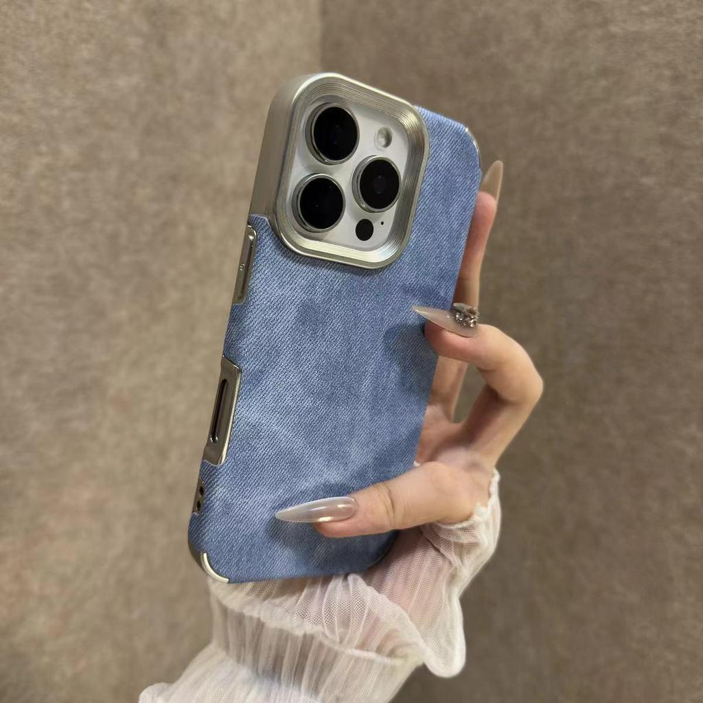 Compatible with iPhone 17 Pro Max, denim texture electroplated leather case, Apple 16 and 15 drop-proof full coverage for women.