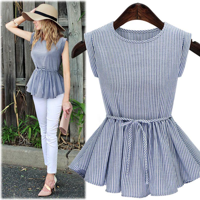 

Spring and Summer Clothing Fashion Hot Sale New Fashion Style Street round Neck Chubby Girl Plus Size Women s Vertical Striped Sleeveless Tops Fashion Blue Plus size XL