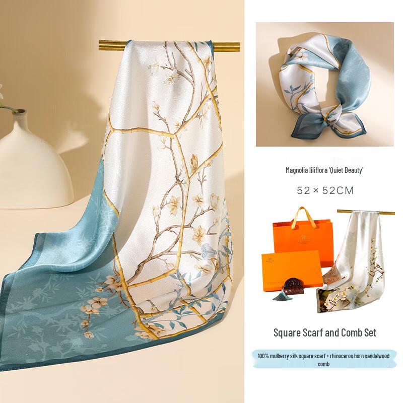 Hangsilu Women's Mulberry Silk Scarf & Sandalwood Comb Gift Set