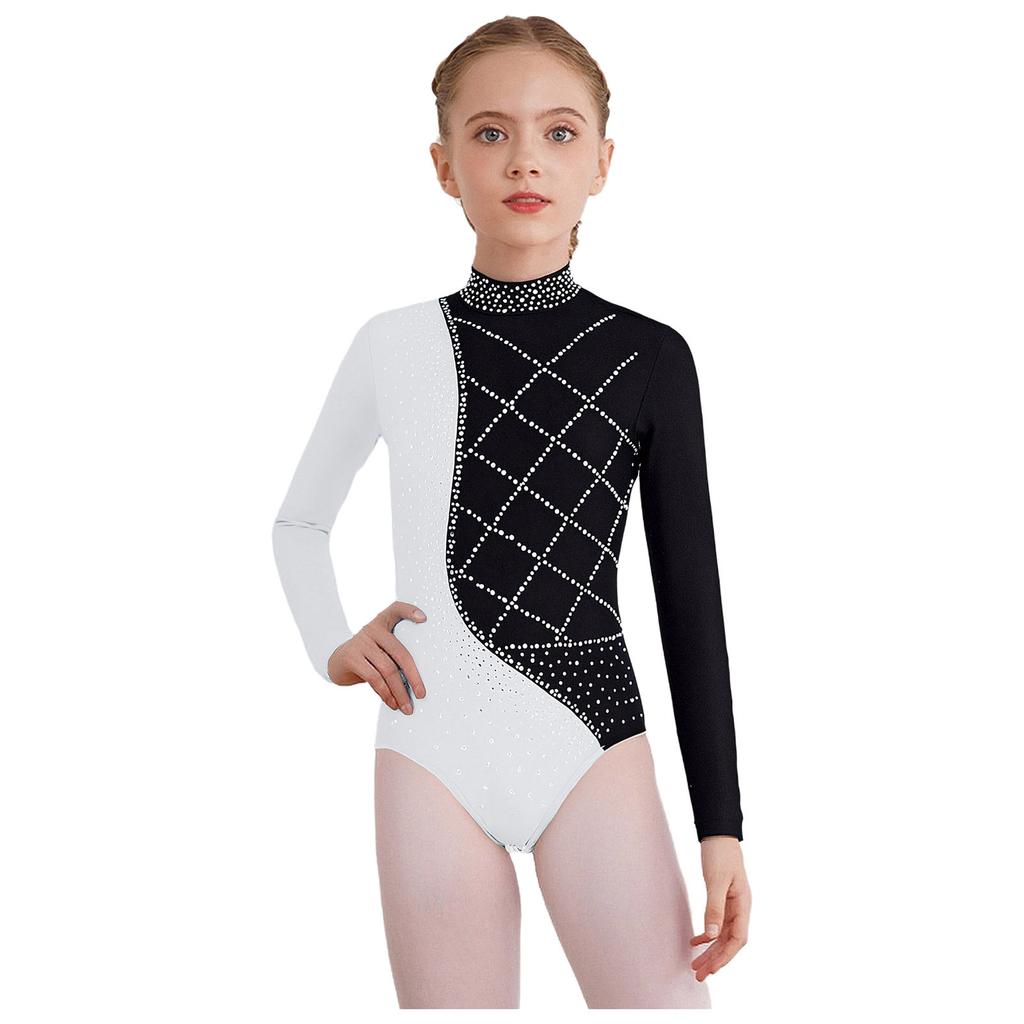 Girls Metallic Gymnastics Bodysuit Long Sleeve Rhinestone Color Block Leotard Competition Dancewear