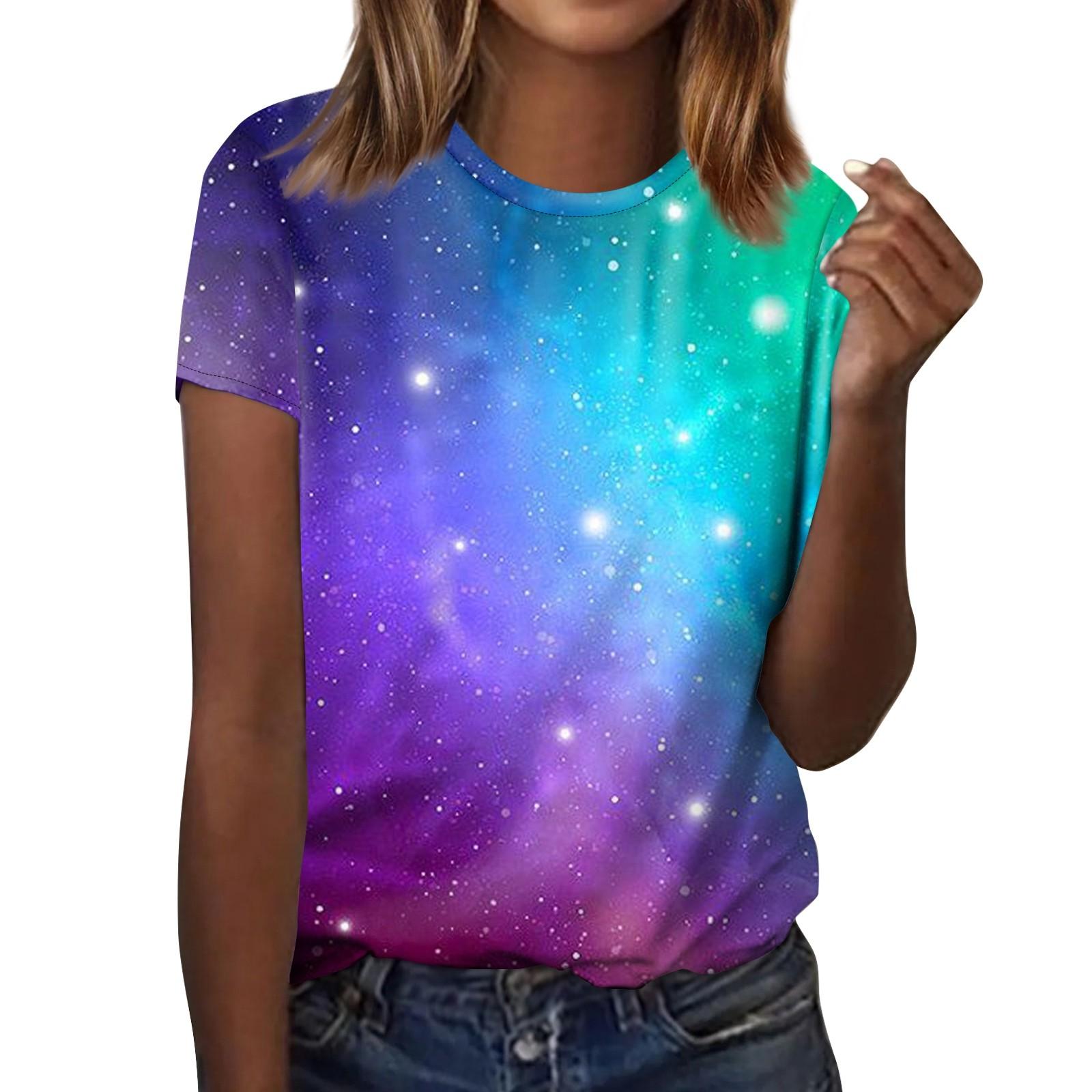

Женская футболка с короткими рукавами с принтом «Космическая графика» Модный летний топ с короткими рукавами и круглым вырезом L зелёный
