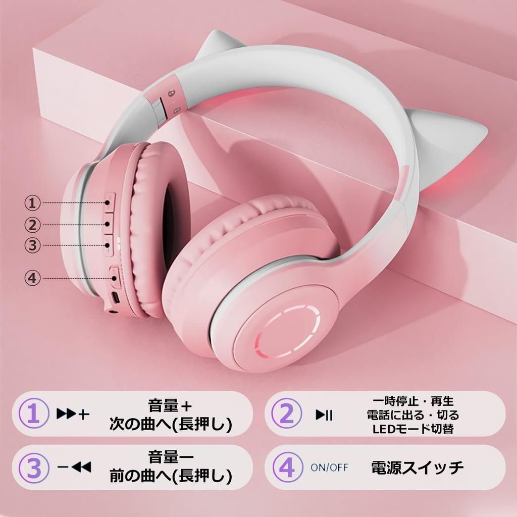WANCHIY Cat Ear Gaming Bluetooth with LED Supports Compatible with Headphones, Over-Ear Headset, 5.1 Mic, Wireless, Dual-Use, Light, Retractable,