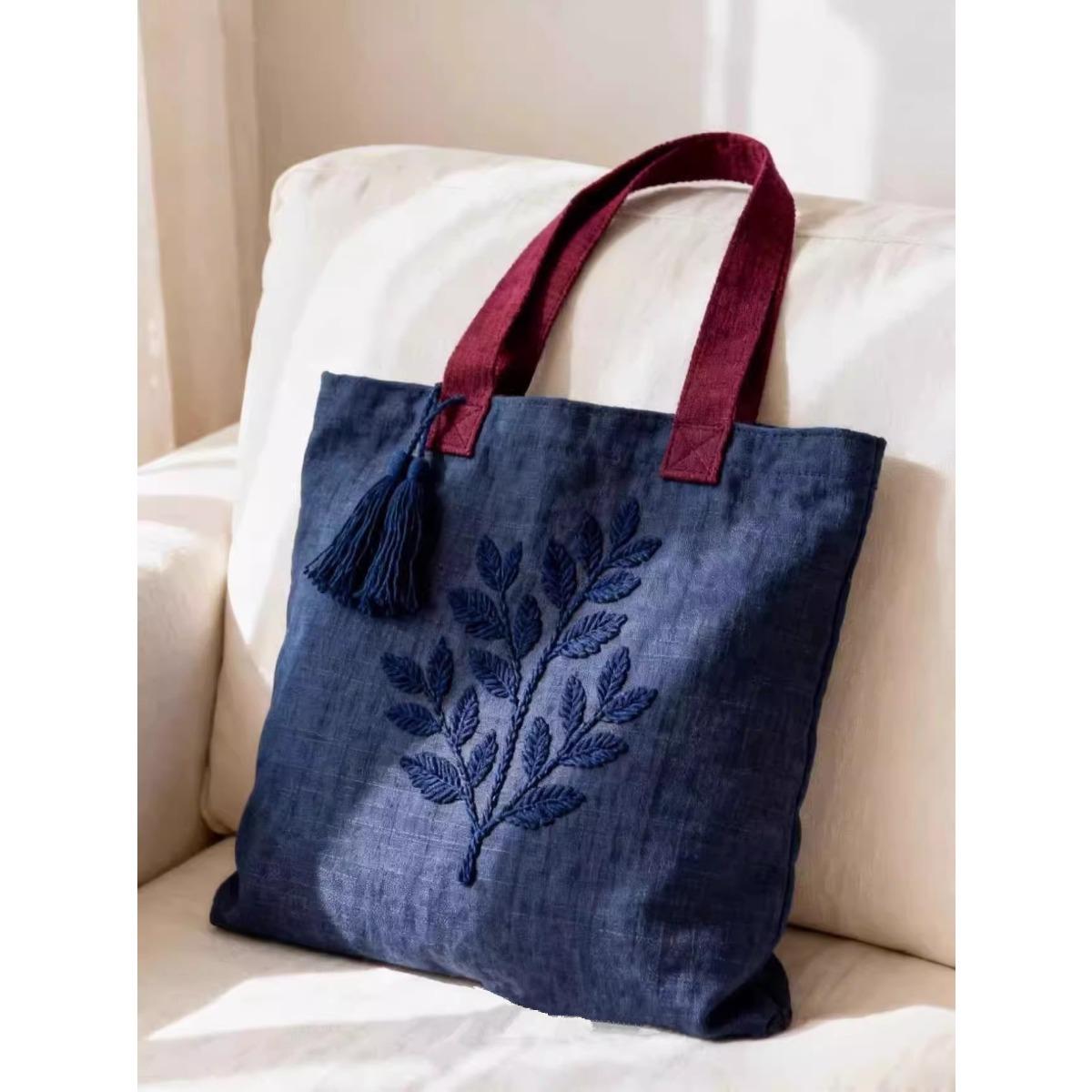 

Designer s Same Chinese Style Embroidered Canvas Bag, Niche Ethnic Style, Simple Hands To Enhance Appearance, Large Capacity Tote Bag темно-синий
