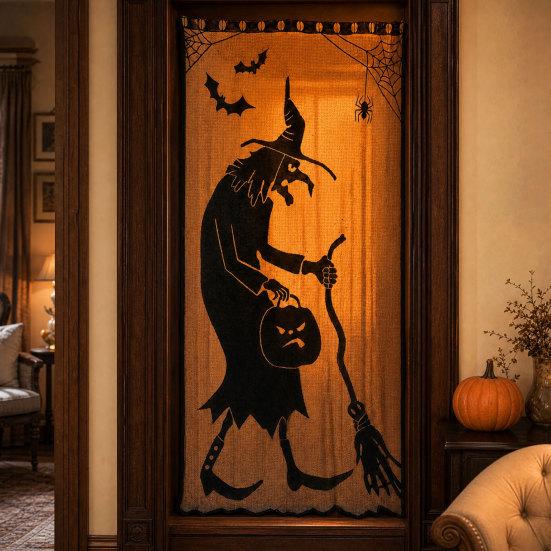 Halloween Türvorhang, Spitze Spinnennetz Kaminabdeckung, Gruseliges Skelett Hexe Fledermaus Druck Fenster Tür Vorhänge für Haus Innen Party Dekoration