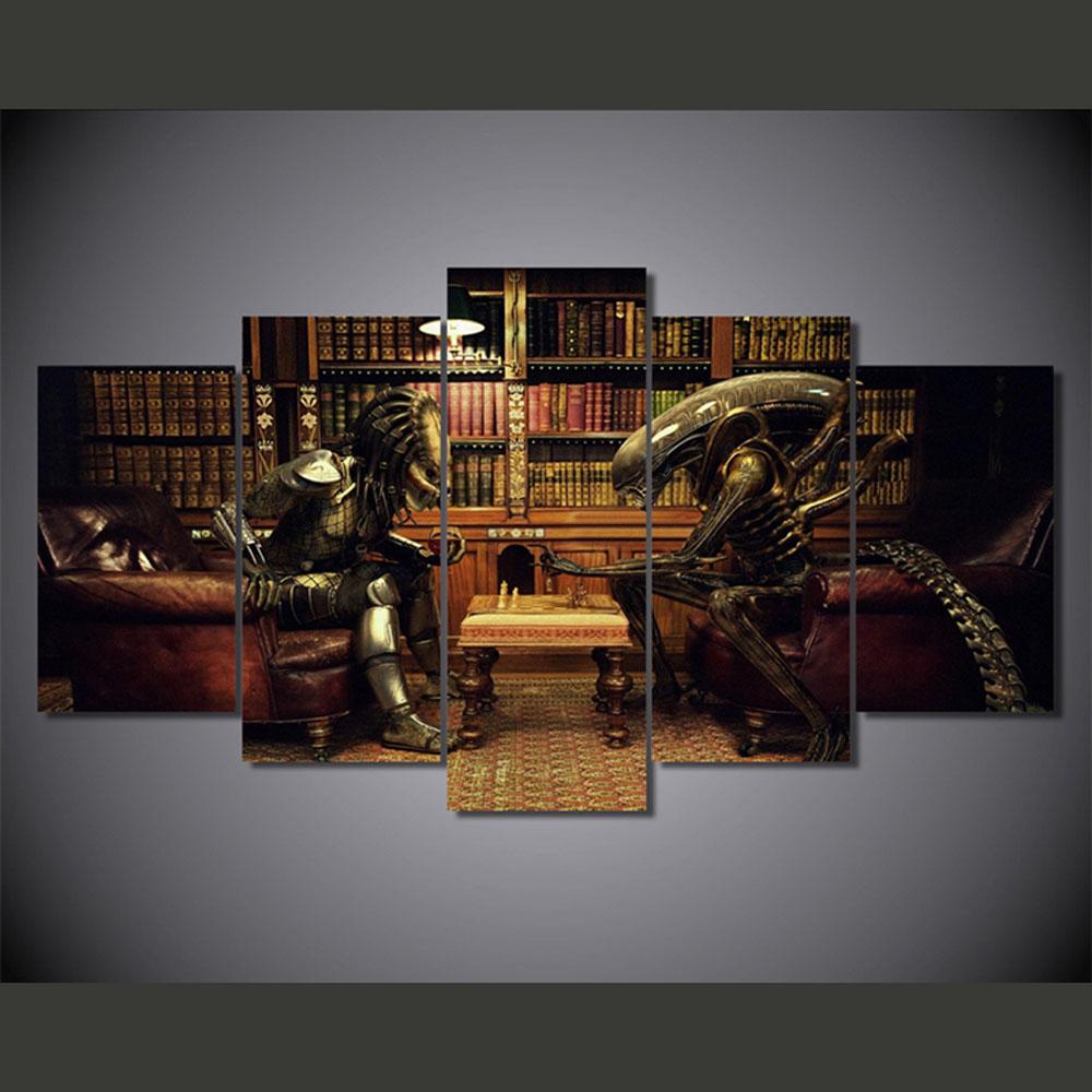 No Framed 5 Pieces Alien Vs Predator V2 Movie Kids Gift HD Wall Art Canvas Posters Pictures Paintings Home Decor for Living Room