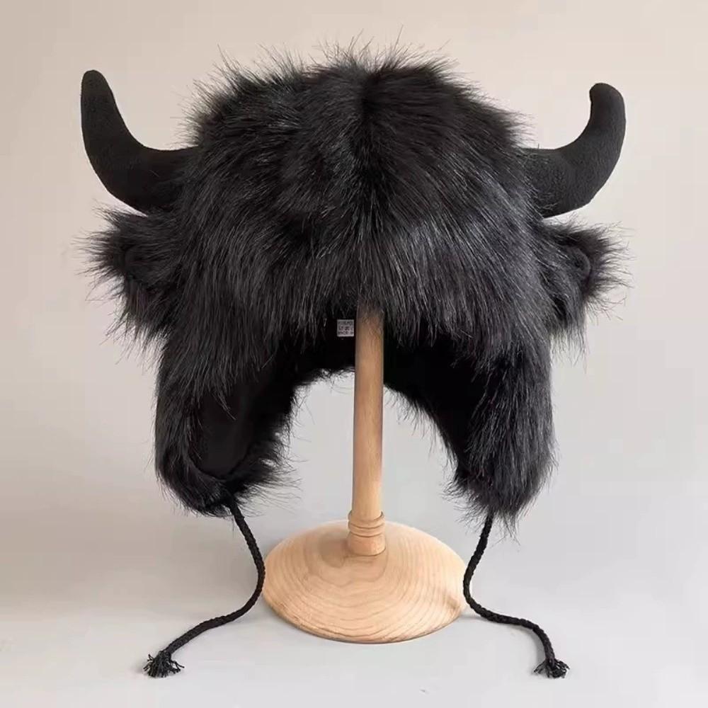 Solid Color Demon Ear Protection Hat Fur Trim Winter Pullover Cap Fashion Lei Feng Cap Riding