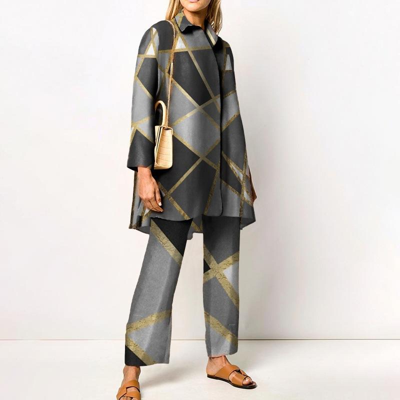Grünes geometrisches Print Damenhemd und Wide Leg Hosen Kombinationsset
