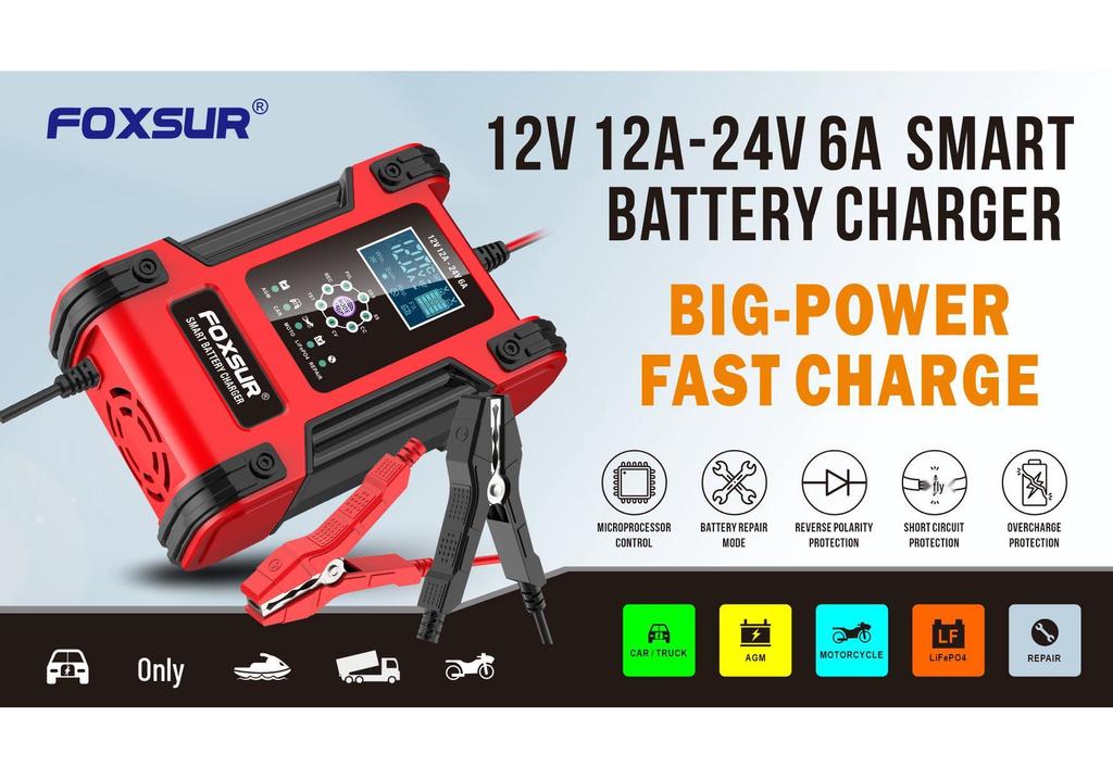 12A 7-Stage AGM & Lithium-Iron Battery Charger for 12V/24V Motorcycles & Cars