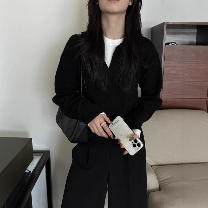 Black polo neck long-sleeved knitted sweater for women's autumn and winter lazy style loose casual v-neck sweater top