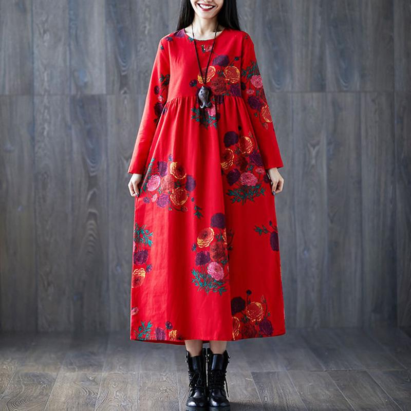 Ladies Spring and Autumn Long-sleeved Dress Retro Loose Large Size Ethnic Style Long Print New A-line Skirt