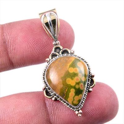 Natural Ocean Jasper 925 Solid Sterling Silver TwoTone Gift Pendant 1.50" T0z05