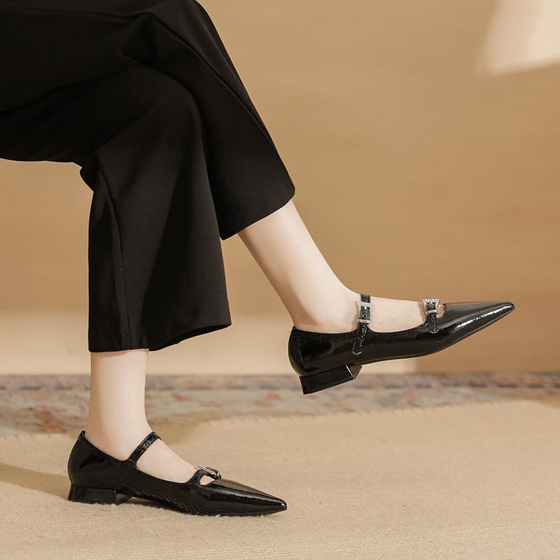 29818 [sheepskin] flat shoes women's thick heel 2025 new pointed one-word with Mary Jane wrinkled leather shoes