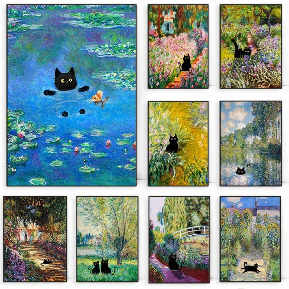 1pc Frameless Claude Monet Artworks Interesting Cute Black Cat Lotus Pond Poster Canvas Paintings for Living Room Home Decor