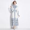 Spring Autumn Women Vintage Print Runway Dresses Single Breasted Long Maxi Party Belt Dress for Graduation