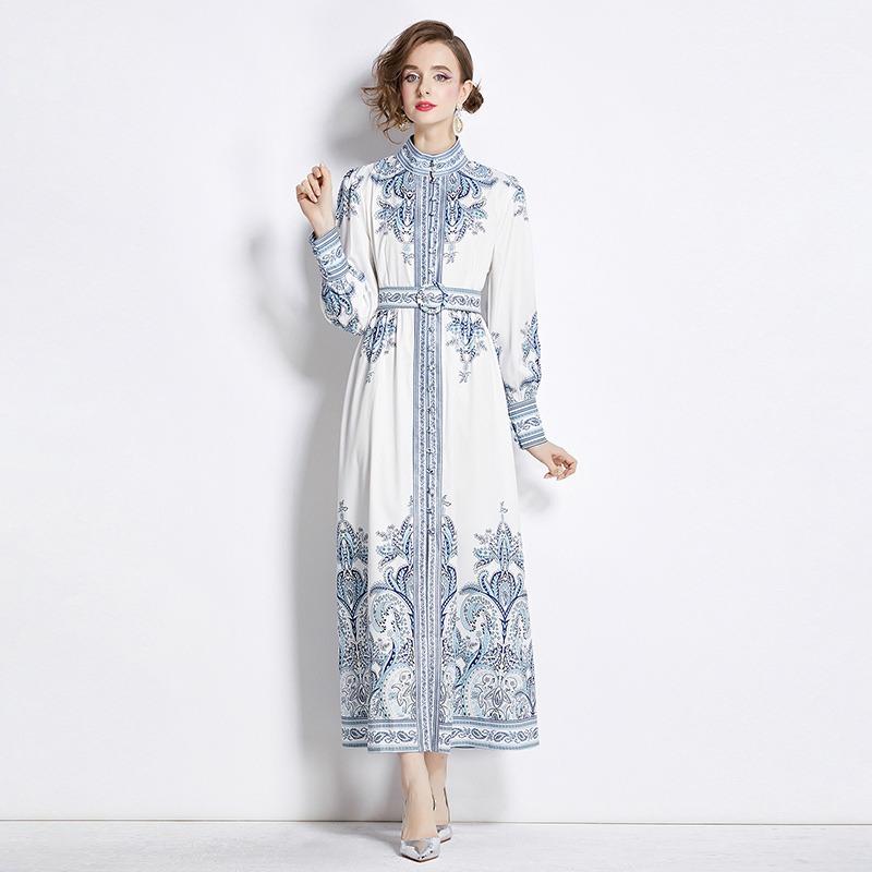 Spring Autumn Women Vintage Print Runway Dresses Single Breasted Long Maxi Party Belt Dress for Graduation