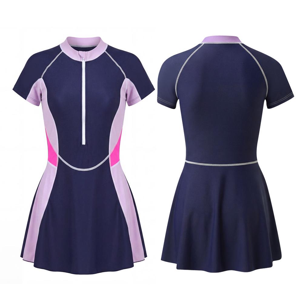 2026 Korean-Style Skirted Short-Sleeve Zipper Split Two-Piece Swimsuit for Women XL темно-синий