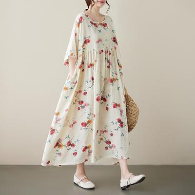 Plus Size Bohemian Style Long Dress Floral Print Casual Loose Ruffle Pleated Ladies Oversized Dresses Short Sleeve Woman Dress