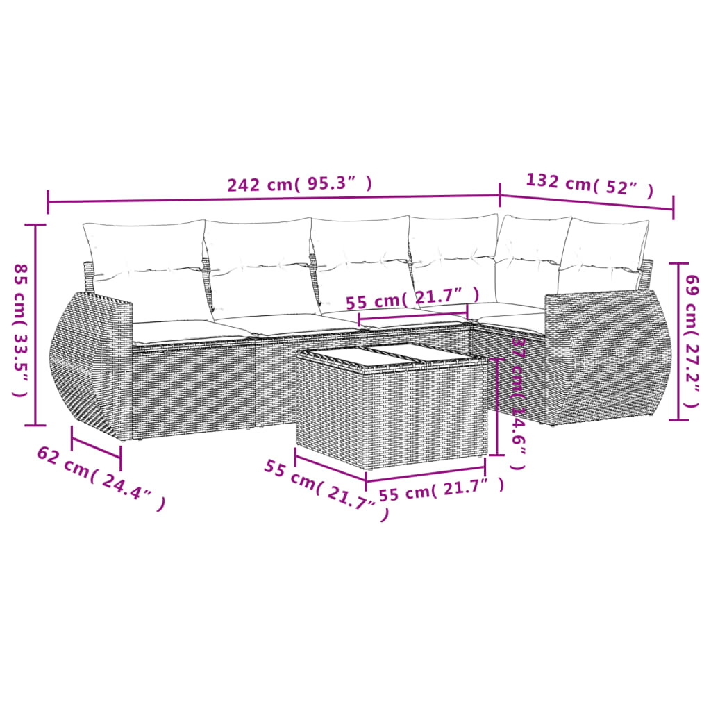 Vidaxl 6-Cz. Set di Mobili da Giardino con Cuscini, Beige, Polyrattan