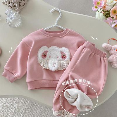 Mädchen Koreanischer Winter 2025 Set: Verdicktes Sweatshirt mit Spitzenmanschetten und Applikationen sowie trendige Sweatpants.