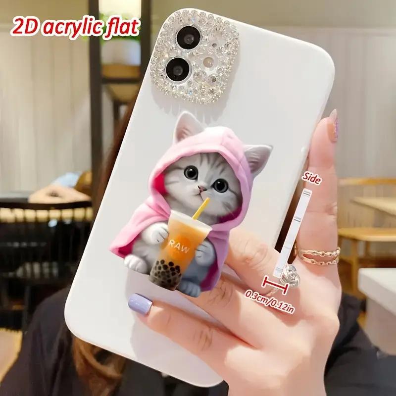 2D Flat Acrylic Cat Portable Mobile Stand, Pink Hat Milk Tea Cat Acrylic Phone Stand, Acrylic Phone Stand with Telescopic Feature 1pc