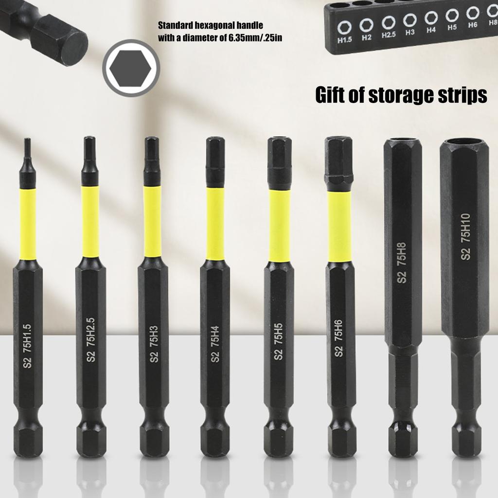 9Pieces Magnetic Tip Long Hex Head Allen Wrenches Drill Bit Set H 1.5 to H10 Impact Screwdriver Bit with 1/4Inch Shank