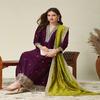 Deep Purple Silk Anarkali Kurta Pant Set with Lime Green Dupatta