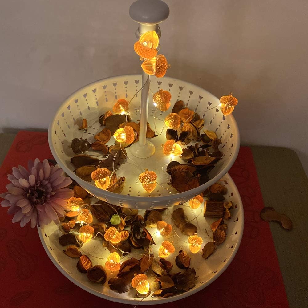 3D Twinkle Acorn Fall Decorations Harvest String Lights 10ft Copper Wire 30 LEDs Battery Powered with Timer Remote Control for Wedding Bedroom