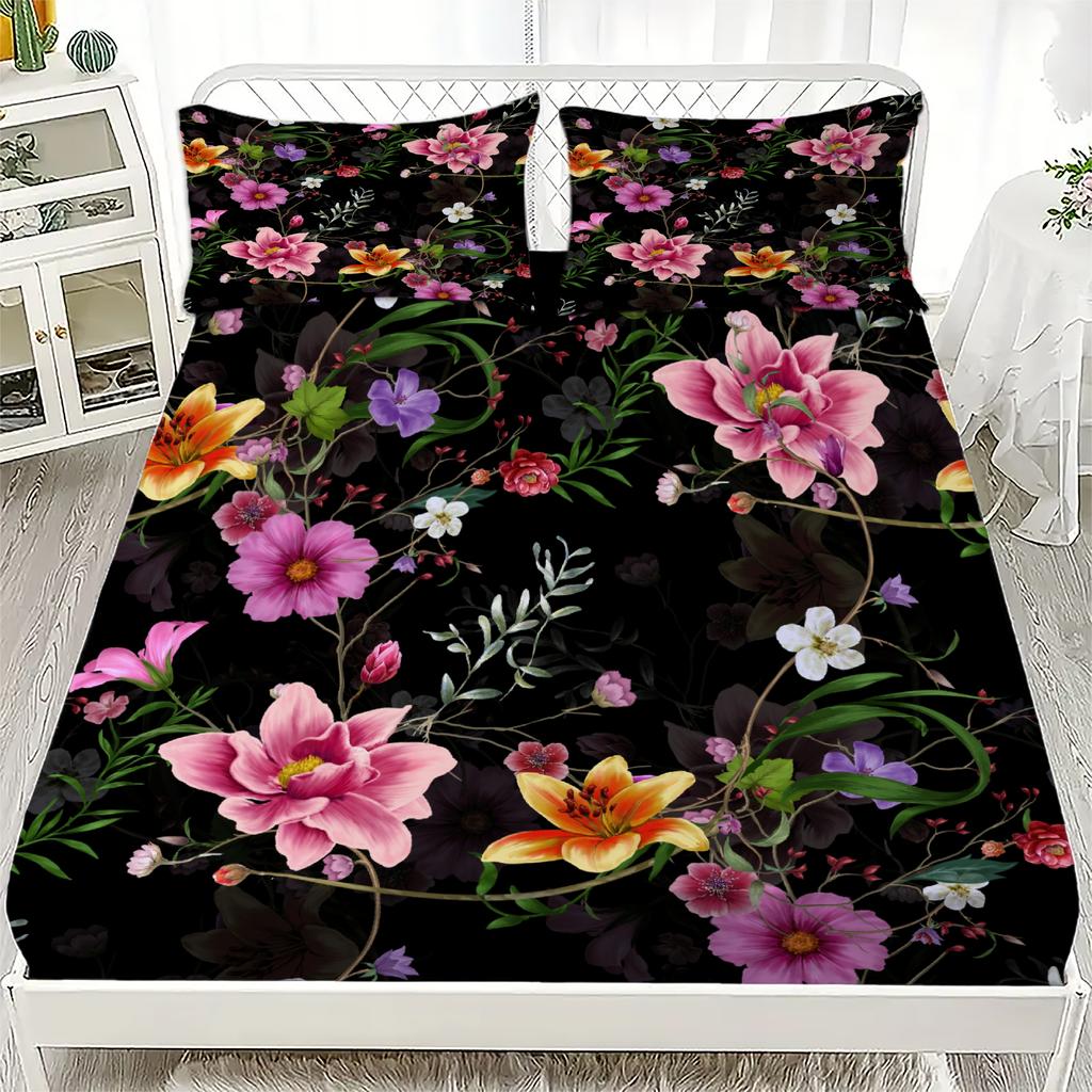3pcs Fitted Sheet Set Colorful Flowers Flora Rose Print 100% Polyester Breathable Bedding Set for Home Decor with 2 Pillowcases