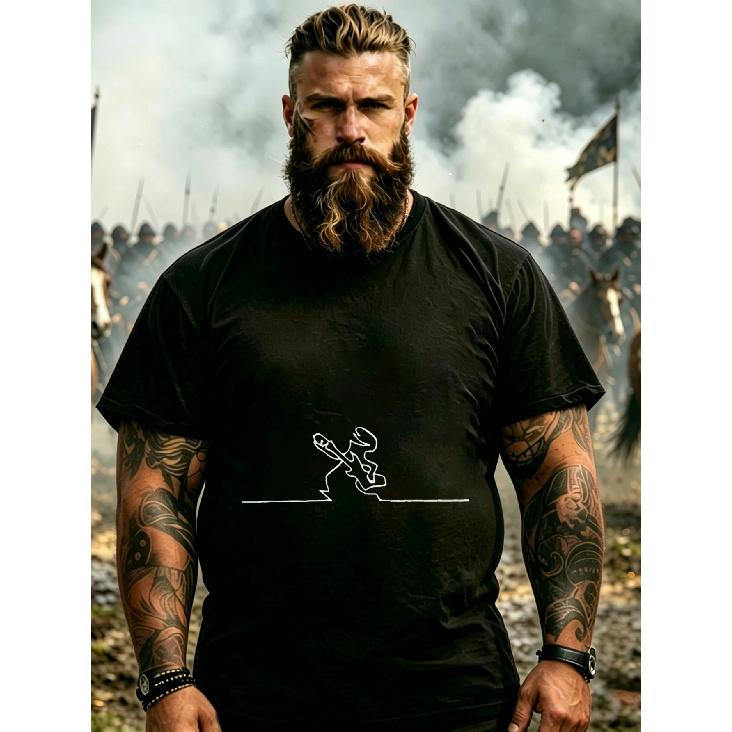 T-shirt Noir Homme Avec Impression Ligne Minimaliste Guerrier Pour Aventure Extérieure Et Tenue Décontractée, Grande Taille
