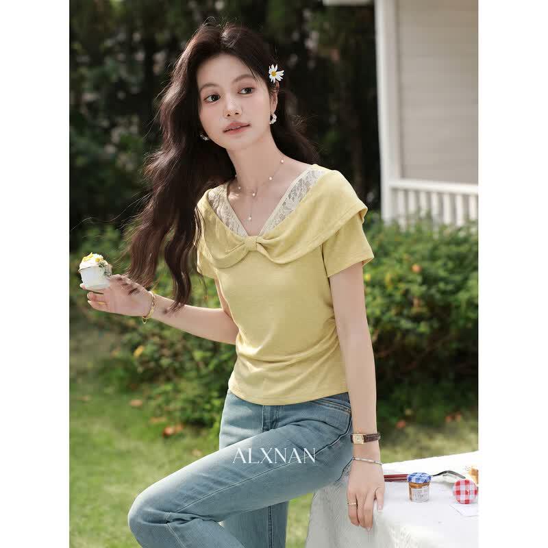 Women s Lace Bow V-Neck Knit Top M