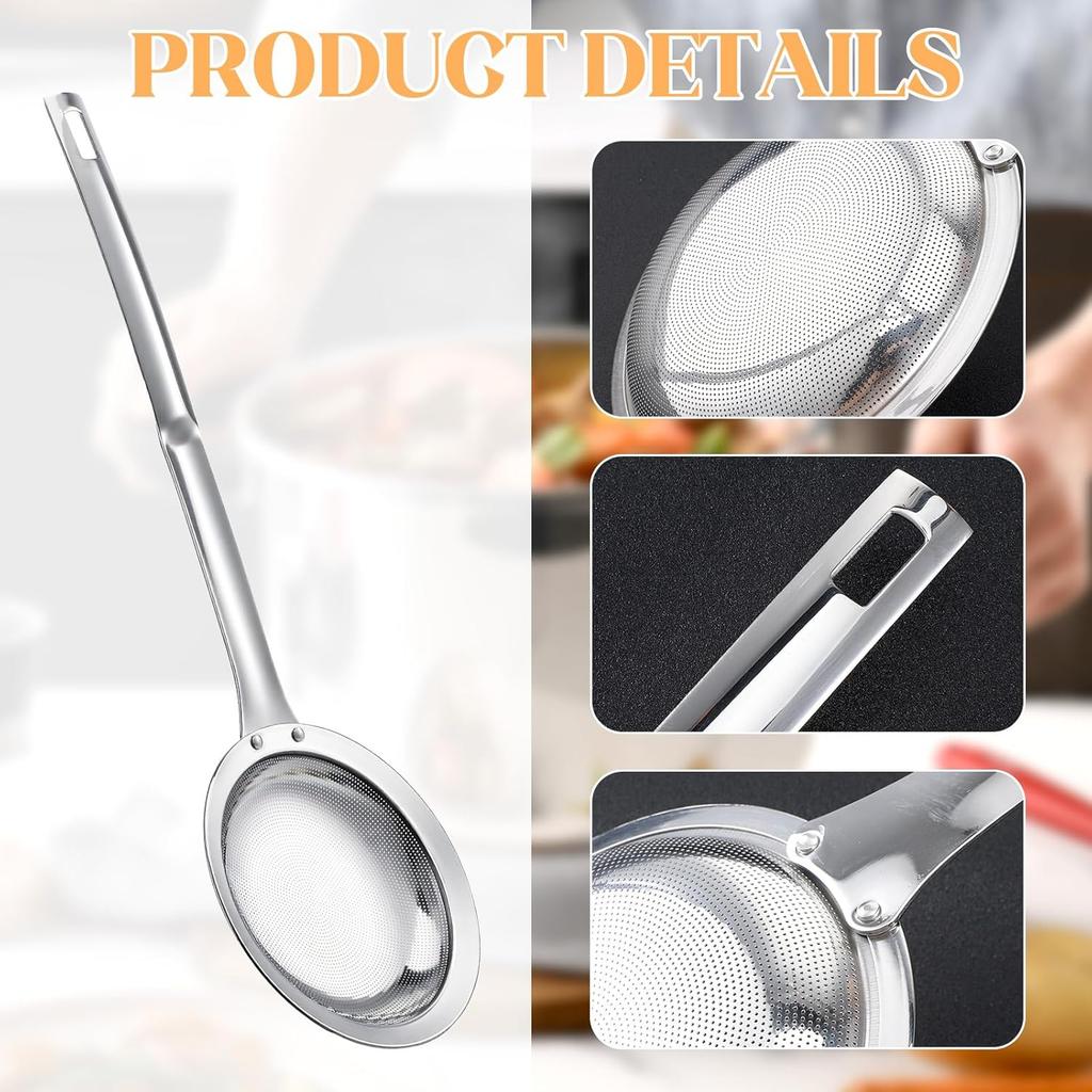 Skimmer Spoon Filter Grease Foam Fine Mesh Stainless Steel Sieve Colander, Extra Fine Strainer With Handle Handheld Fry Oil Filter for Cooking Sieve