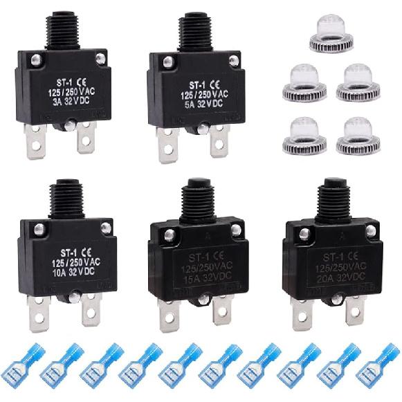 Mxuteuk 5Pcs 3,5,10,15,20Amp Circuit Breakers Push Button Manual Reset 125/250V AC 32V DC,Overload Protector Switch Thermal Circuit Breakers With