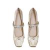 Rhinestone Square Head Fairy Wind Bow Rhinestone One-word Strap High Heels Women's Thick Heel Single Shoes Middle Heel Mary Jane Girl