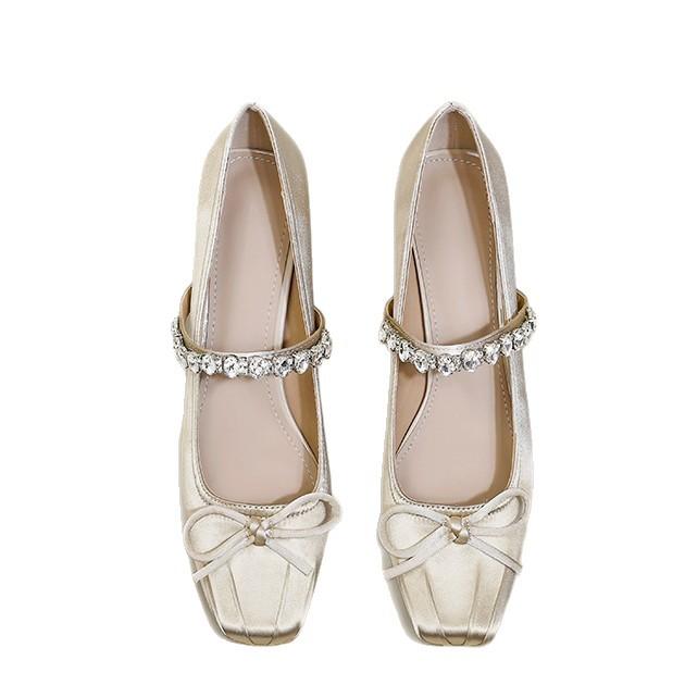 Rhinestone Square Head Fairy Wind Bow Rhinestone One-word Strap High Heels Women's Thick Heel Single Shoes Middle Heel Mary Jane Girl