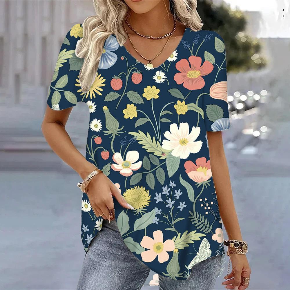 T-shirts V-neck Women's Floral Printed Summer Casual Short Sleeve Tee Shirts Harajuku Versatile Blouse Tops For Female Clothing