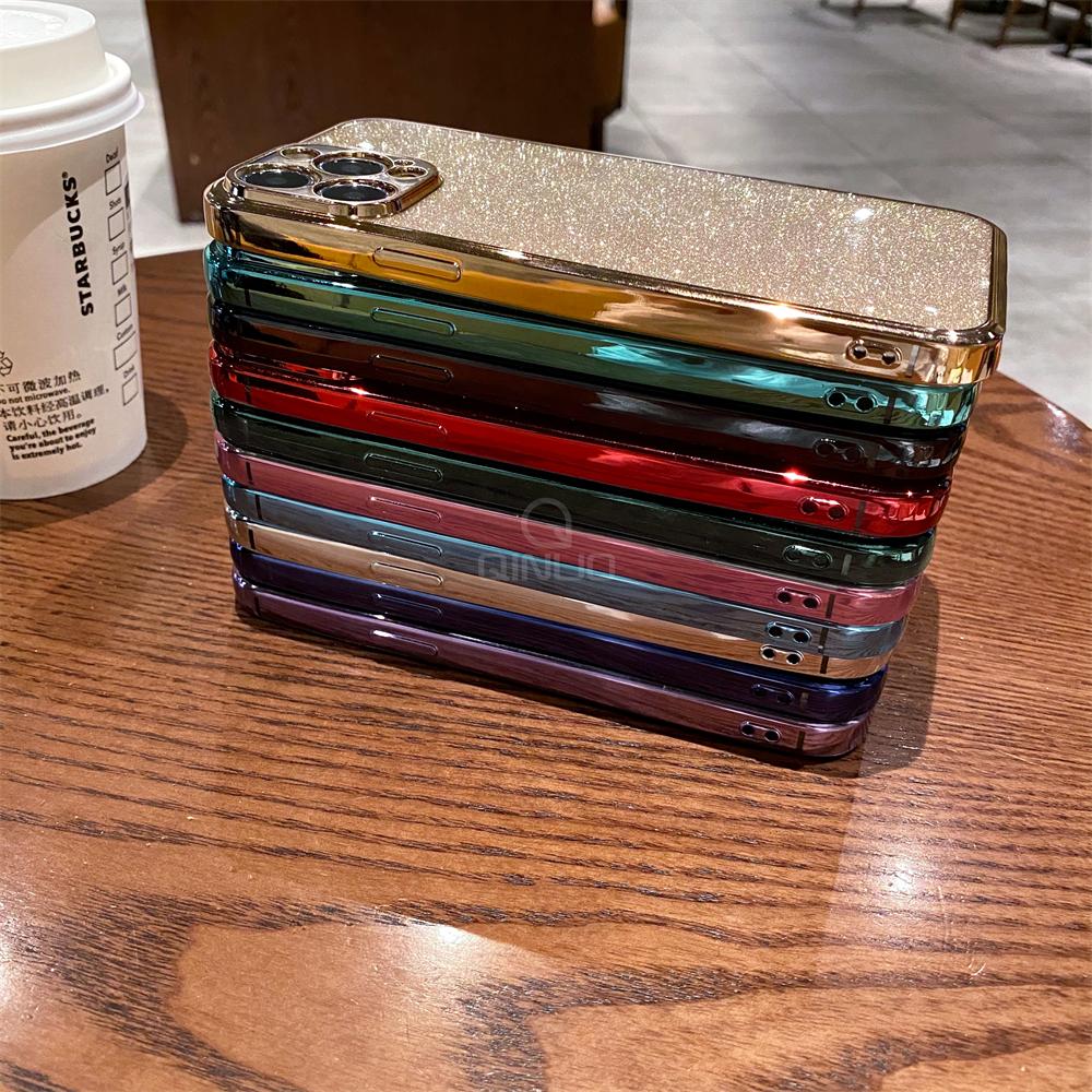Luxury Square Plating Glitter Case for iPhone 16 15 14 Plus 13 12 Mini 11 Pro Max X XR XS Shiny Bling Soft Clear Silicone Cover