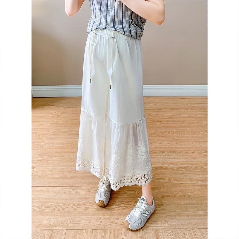Maternity French Striped Sleeveless Dress & Retro Lace Wide-Leg Pants Set M