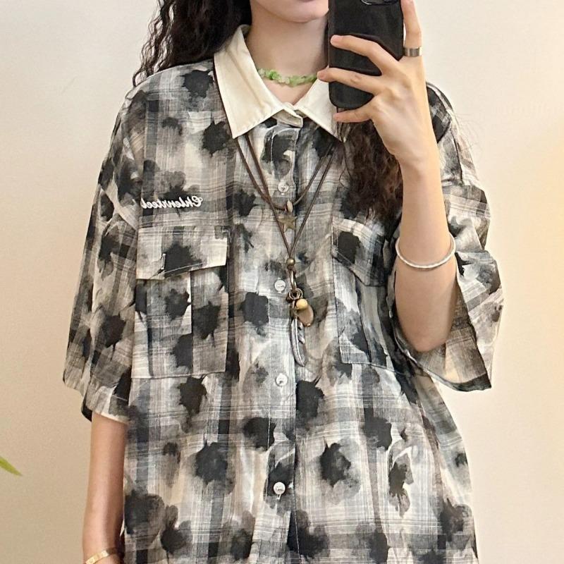 

Summer New Short Sleeved Shirt Women American Retro Contrasting Color Top Chic Printed Plaid Ladies Clothing 3XL