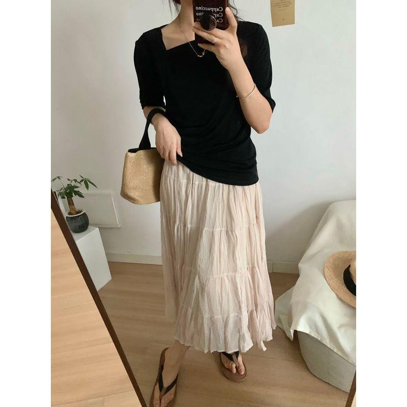 

Tencel Triacetate Heavy Weight Short-Sleeved T-shirt Female 2024 Summer New Arrival Elegant Diagonal Collar Design High Correct Shoulder Tops Black M