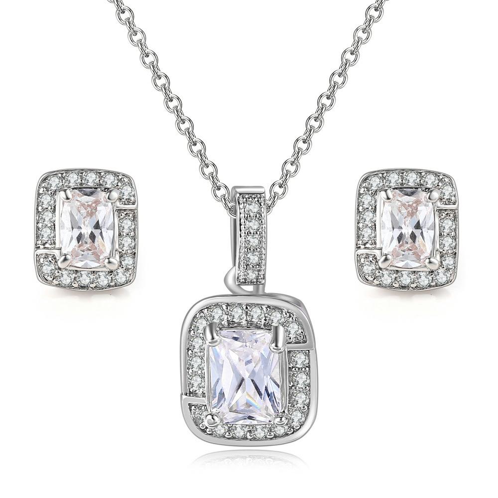 Simple Geometric Square Zircon Stud Earrings Pendant Necklace Women'S, Colored Gemstones Engagement Jewelry Set