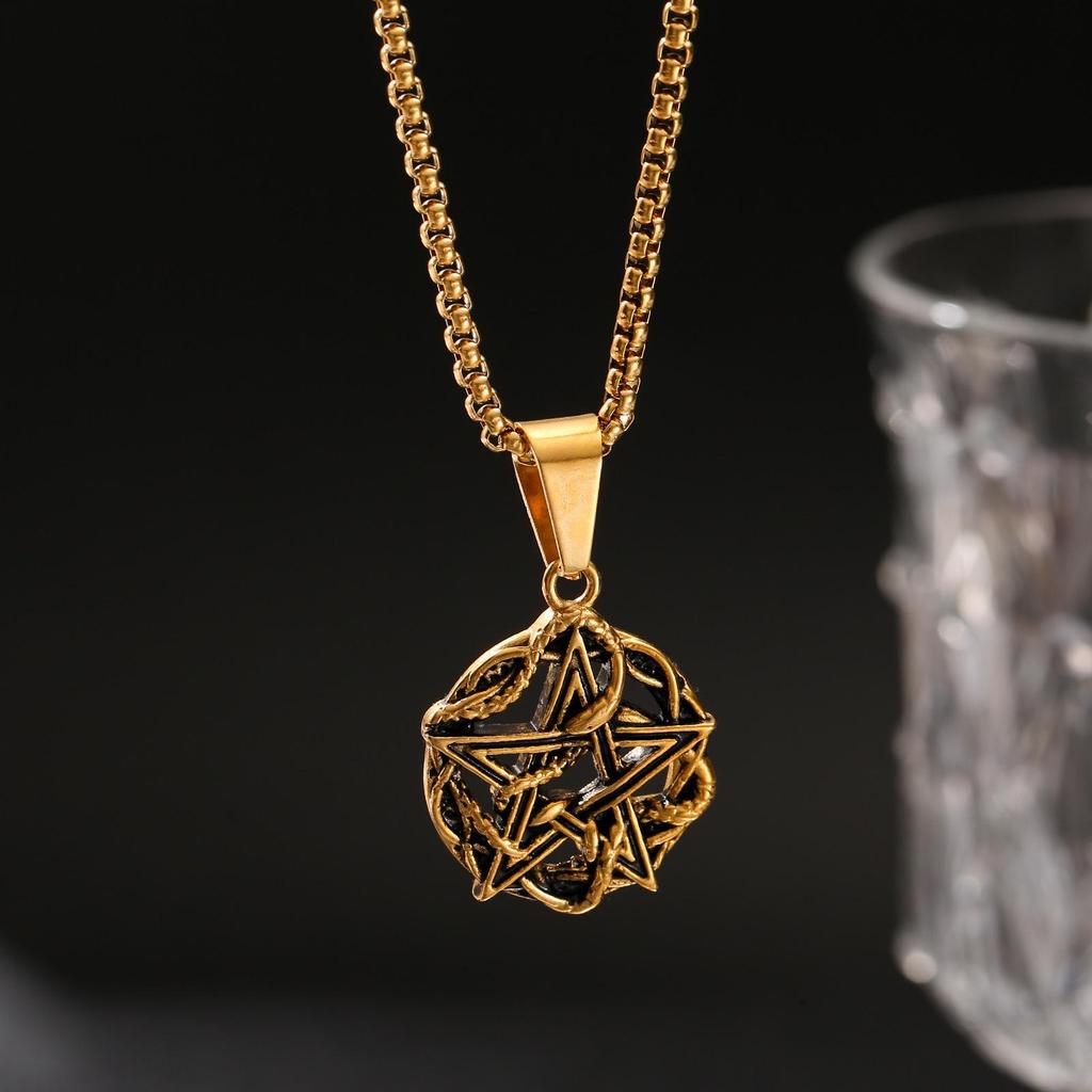 Gold & Silver Vine-Wrapped Inverted Pentagram Square Bead Choker Necklace - 304 Stainless Steel